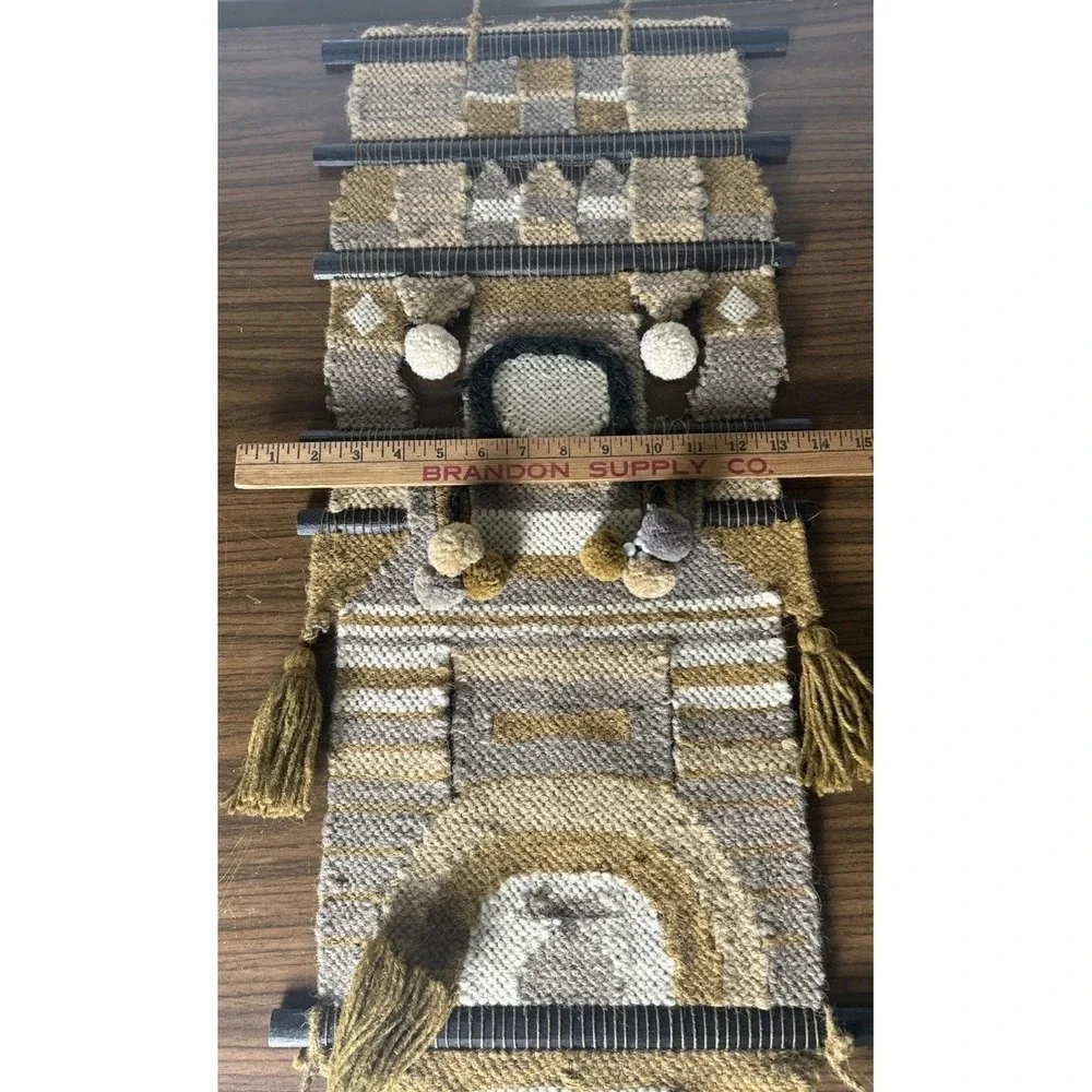 Vintage 70s Handwoven Fiber Art Tapestry Geometric Boho Tassel Wall Hanging 36”